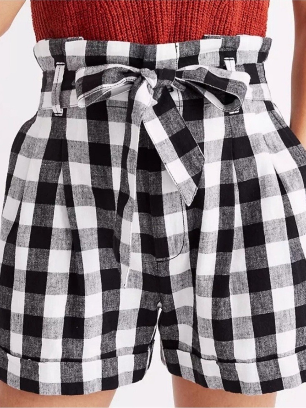 Madewell Black & White Check Linen Blend Paperbag Belted Shorts Size 4